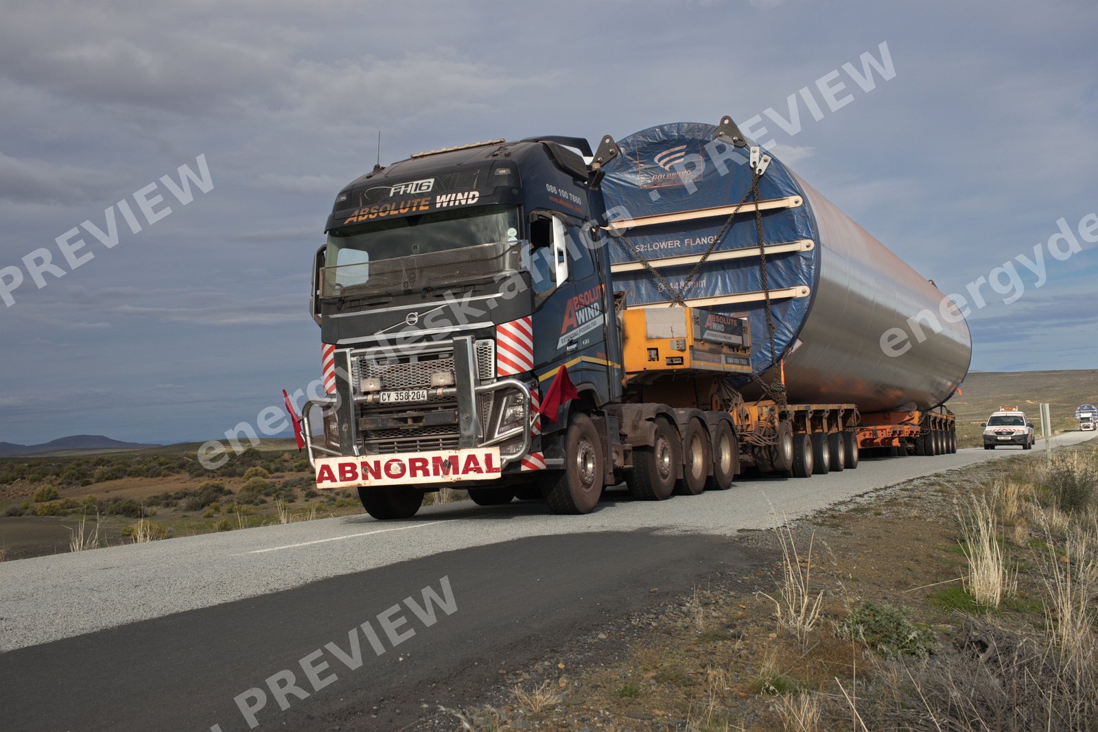 Wind turbine tower section under abnormal-load transport, Karoo