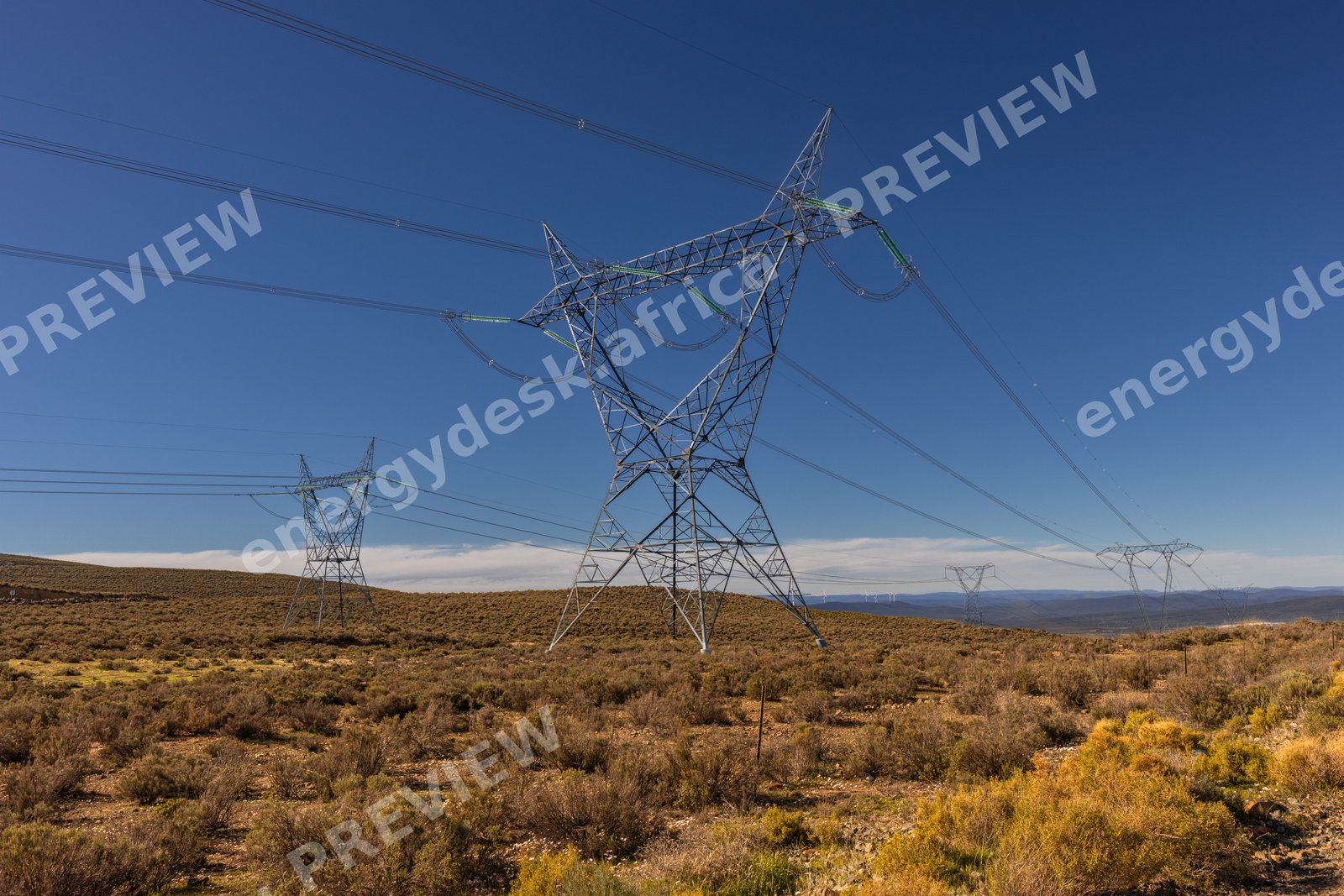 Transmission lines marching across the Karoo near Sutherland