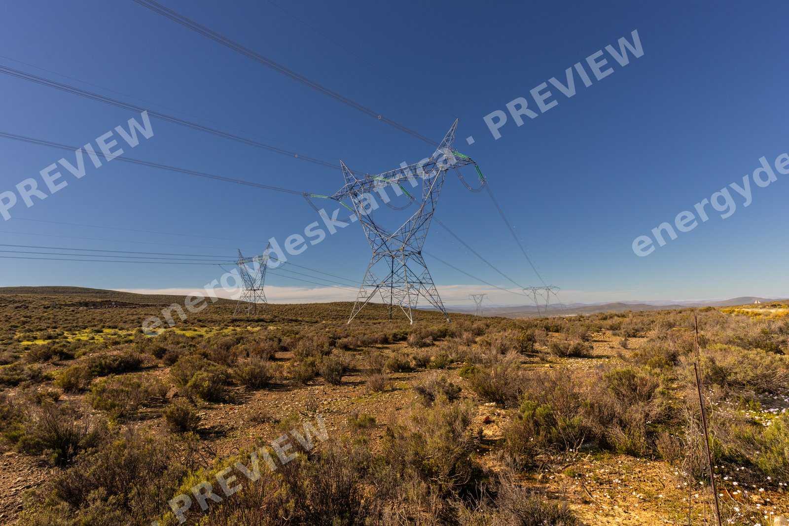 High-voltage corridor through the Karoo scrub