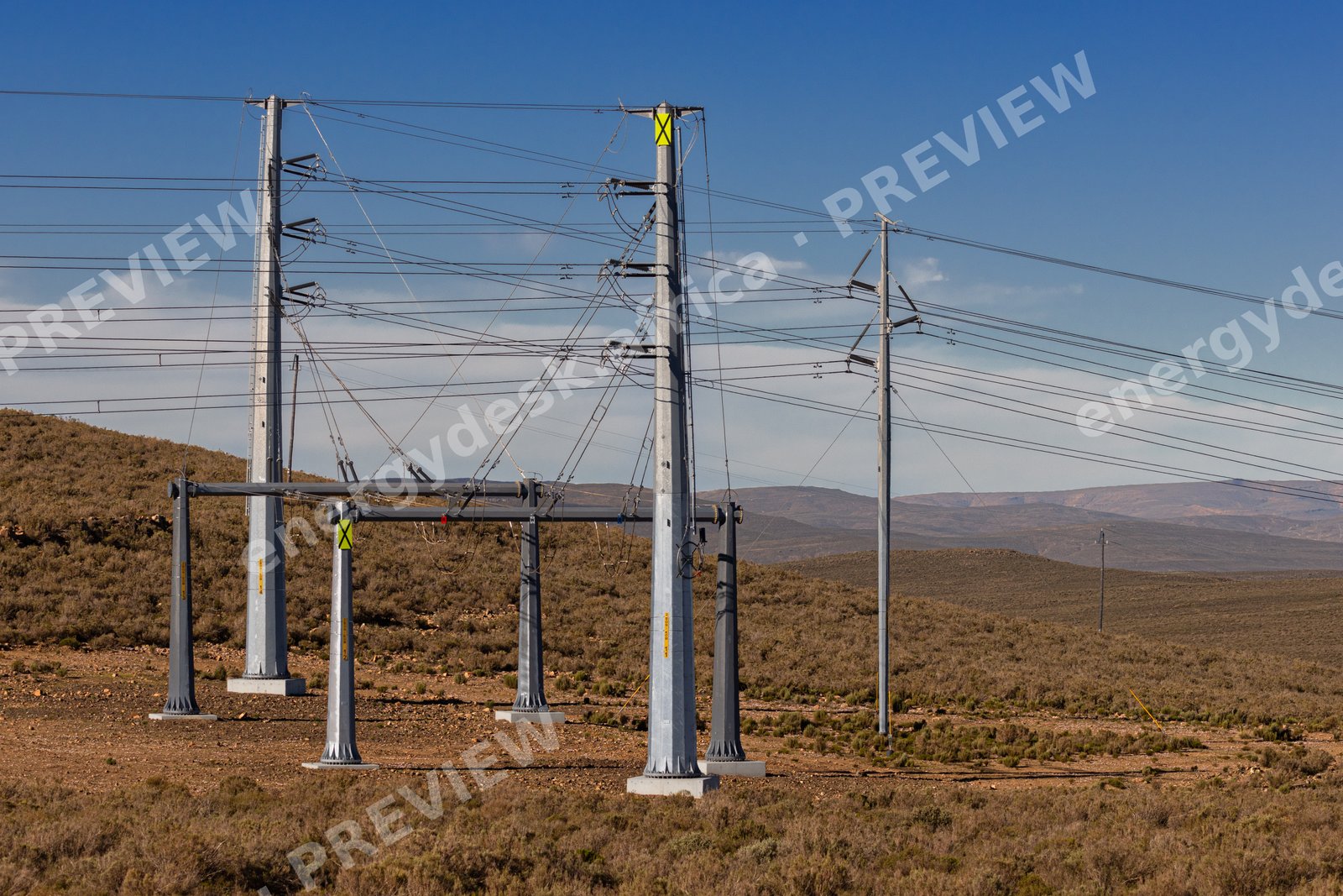 Steel monopole gantry on a Karoo transmission line