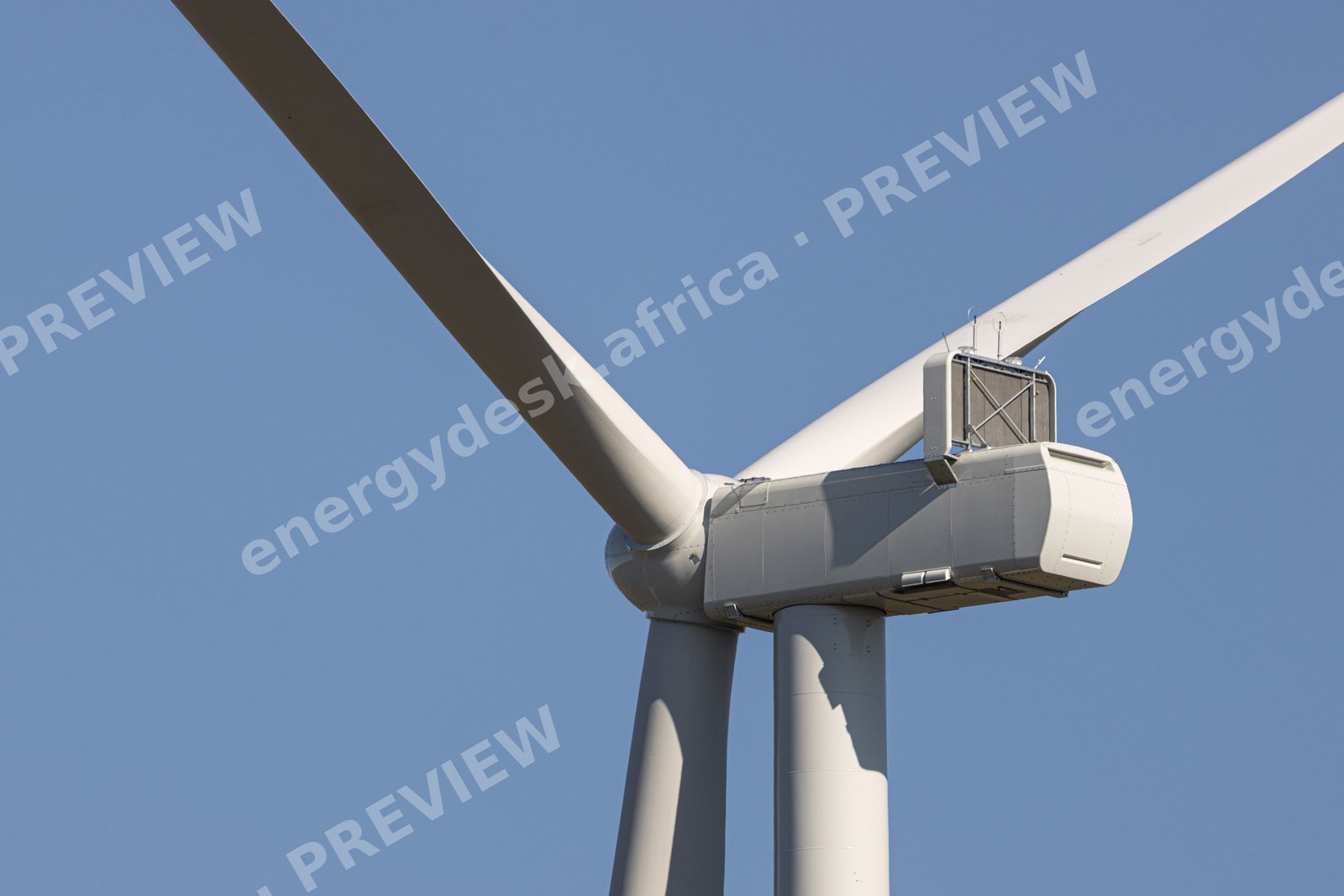 Turbine nacelle and rotor against a clear sky, Wind Garden Wind Farm