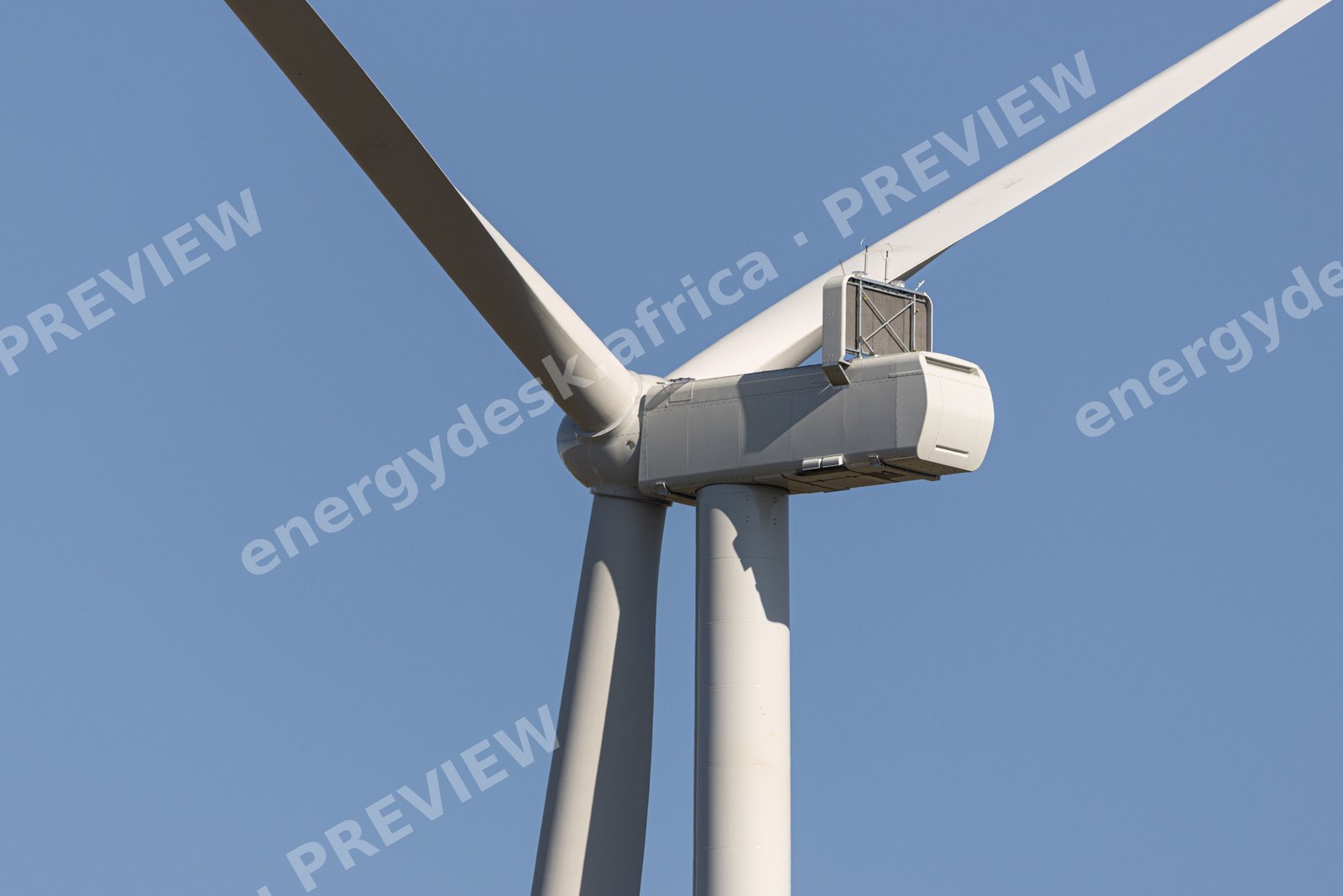 Wind turbine nacelle and tower from below, Wind Garden Wind Farm