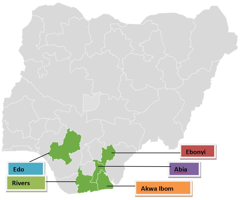 Map of Nigeria highlighting the SIGMA study areas in the south east and south-south zones.