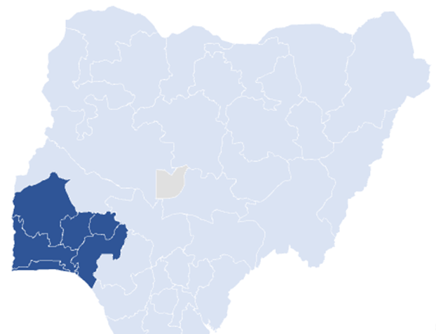 La région sud-ouest du Nigeria, où se trouve Gbamu Gbamu, est en bleu foncé.